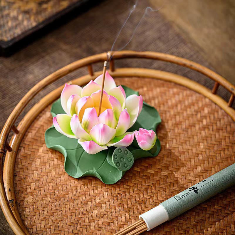 Buddha Stones Fleur de Lotus Feuille Gousse Guérison Spirituelle Bâton En Céramique Brûleur D'encens Décoration