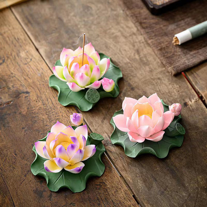 Buddha Stones Fleur de Lotus Feuille Gousse Guérison Spirituelle Bâton En Céramique Brûleur D'encens Décoration