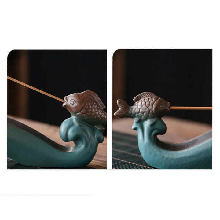 Brûleur d'encens en céramique avec double poisson koï en Buddha Stones