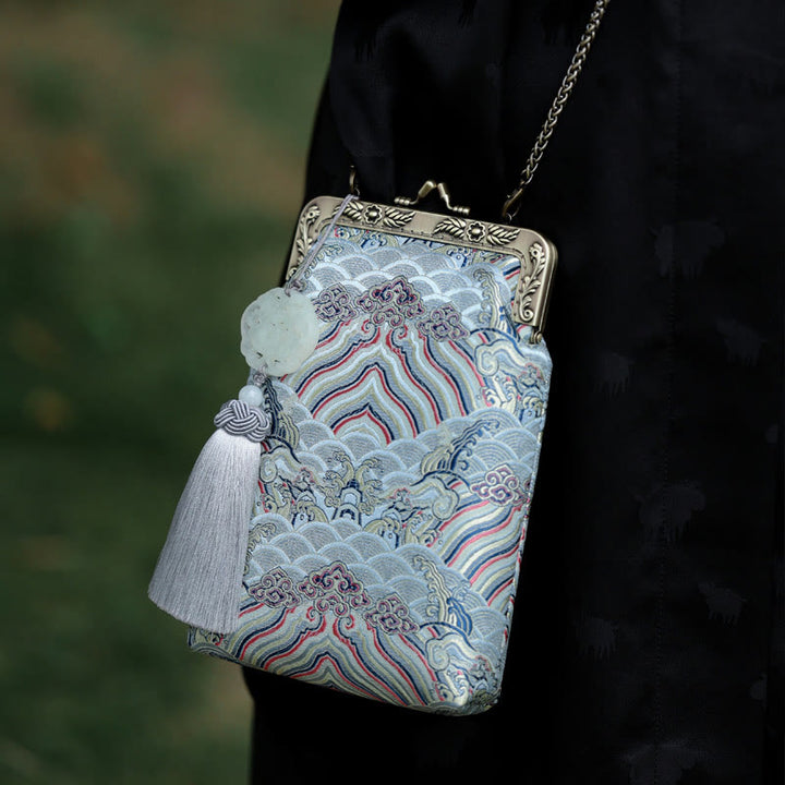 Sac à bandoulière en métal avec petites vagues bleues de l'océan et Buddha Stones