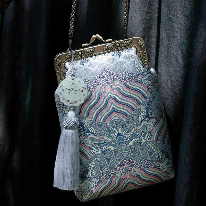 Sac à bandoulière en métal avec petites vagues bleues de l'océan et Buddha Stones