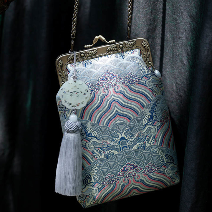 Sac à bandoulière en métal avec petites vagues bleues de l'océan et Buddha Stones