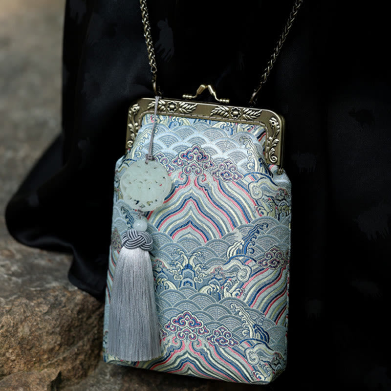 Sac à bandoulière en métal avec petites vagues bleues de l'océan et Buddha Stones