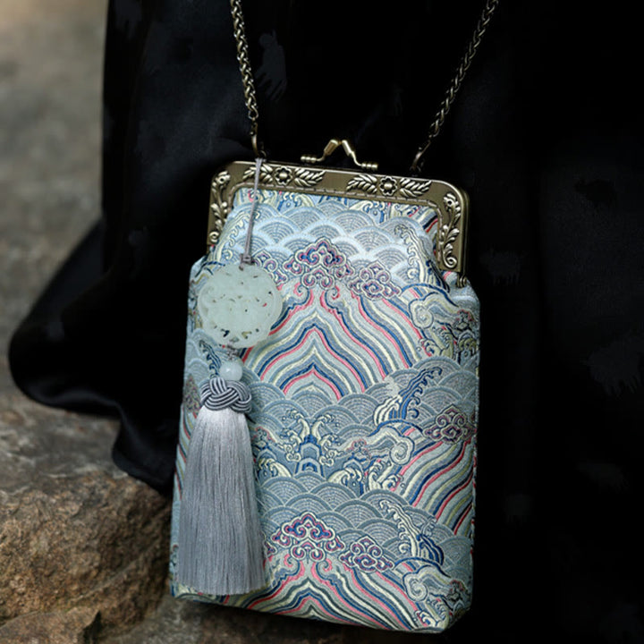 Sac à bandoulière en métal avec petites vagues bleues de l'océan et Buddha Stones