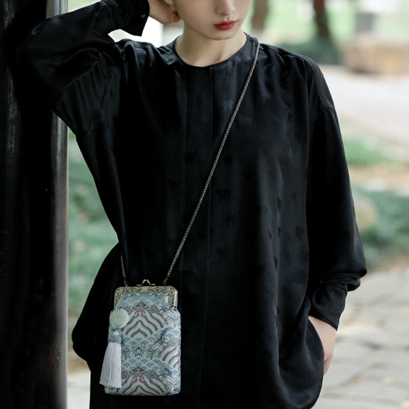 Sac à bandoulière en métal avec petites vagues bleues de l'océan et Buddha Stones