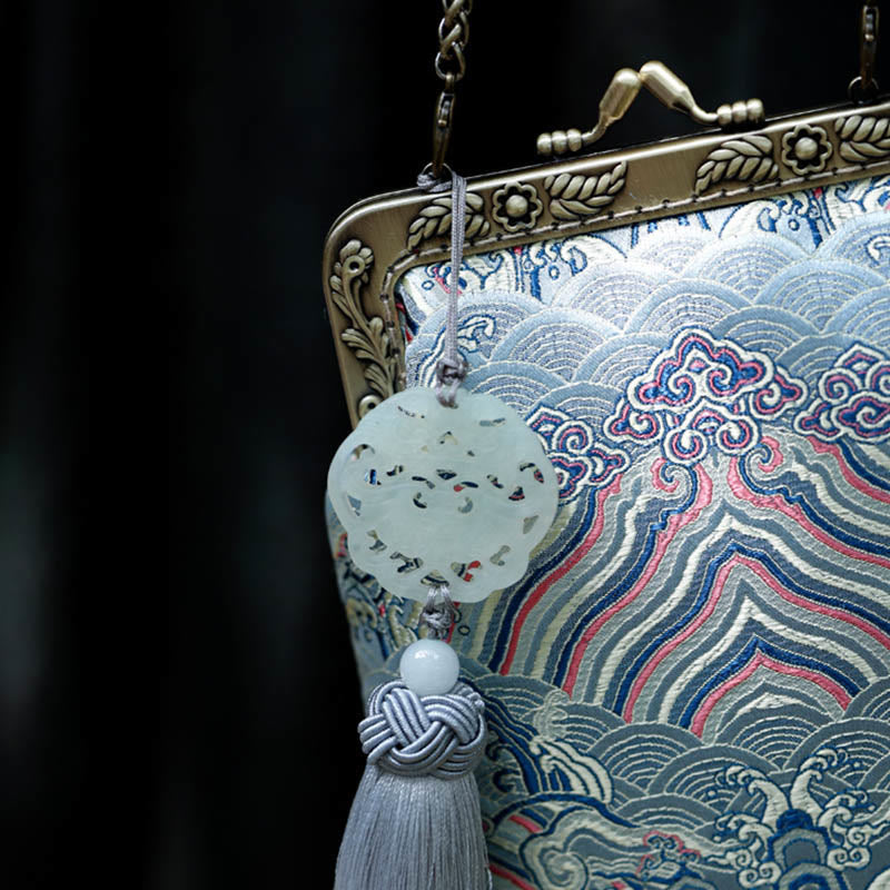 Sac à bandoulière en métal avec petites vagues bleues de l'océan et Buddha Stones