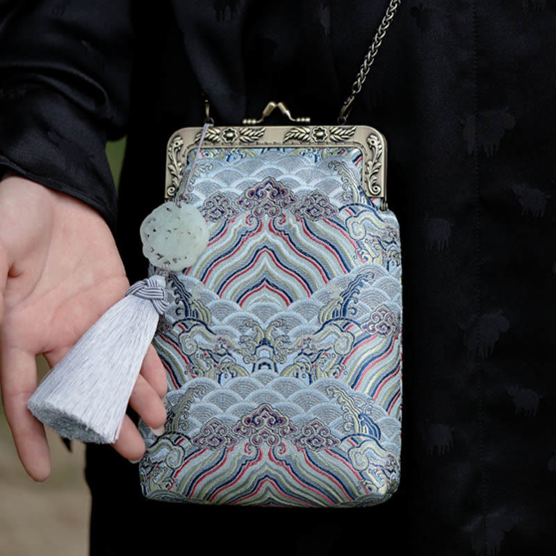 Sac à bandoulière en métal avec petites vagues bleues de l'océan et Buddha Stones