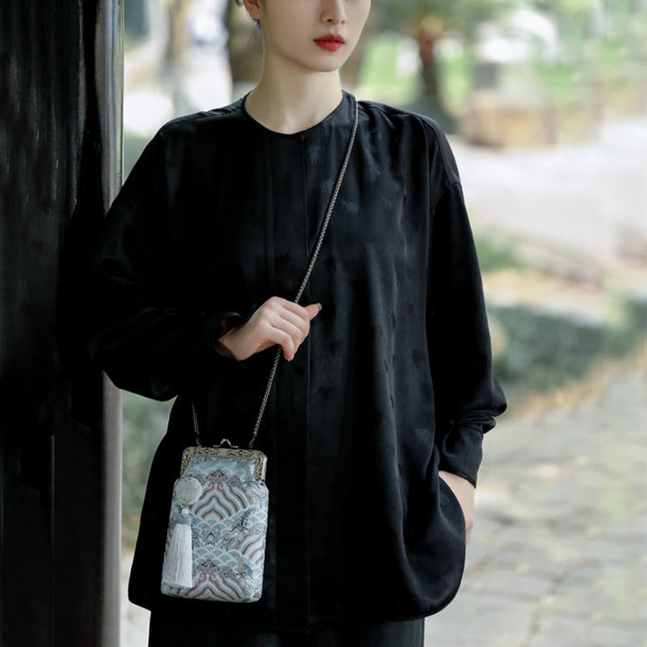 Sac à bandoulière en métal avec petites vagues bleues de l'océan et Buddha Stones