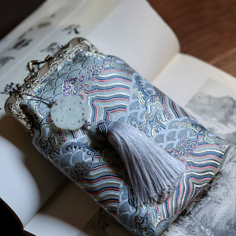 Sac à bandoulière en métal avec petites vagues bleues de l'océan et Buddha Stones