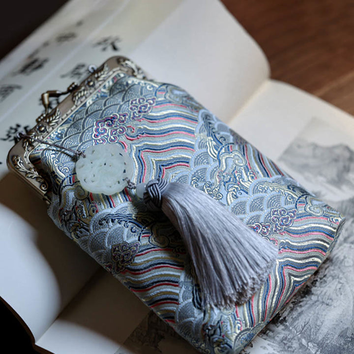Sac à bandoulière en métal avec petites vagues bleues de l'océan et Buddha Stones