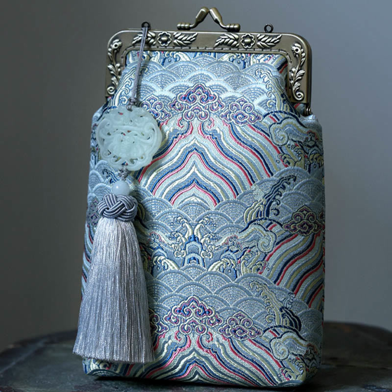Sac à bandoulière en métal avec petites vagues bleues de l'océan et Buddha Stones