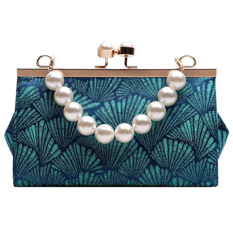 Sac à main vintage en métal nacré avec motif de feuilles bleu paon Buddha Stones