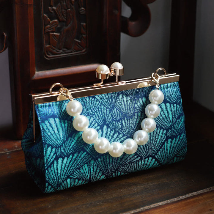 Sac à main vintage en métal nacré avec motif de feuilles bleu paon Buddha Stones