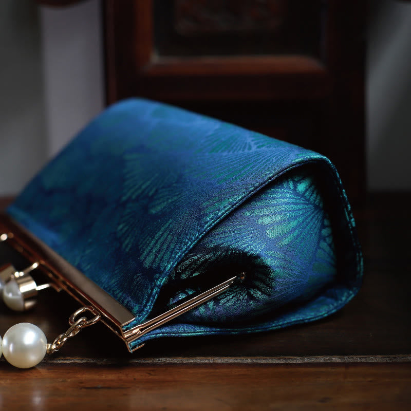 Sac à main vintage en métal nacré avec motif de feuilles bleu paon Buddha Stones