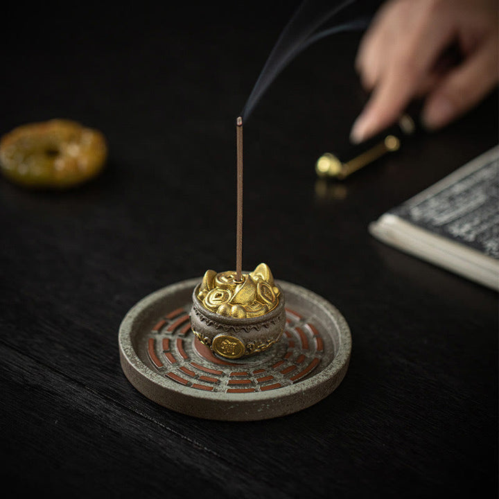 Petit bol à trésor en Buddha Stones , sac porte-bonheur, plateau Bagua, bâton en céramique de guérison, brûleur d'encens, décoration