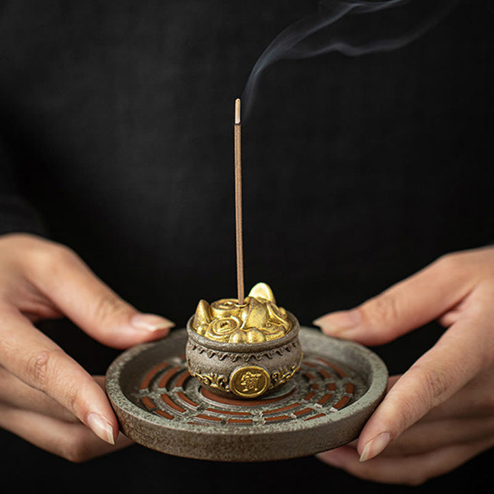 Petit bol à trésor en Buddha Stones , sac porte-bonheur, plateau Bagua, bâton en céramique de guérison, brûleur d'encens, décoration