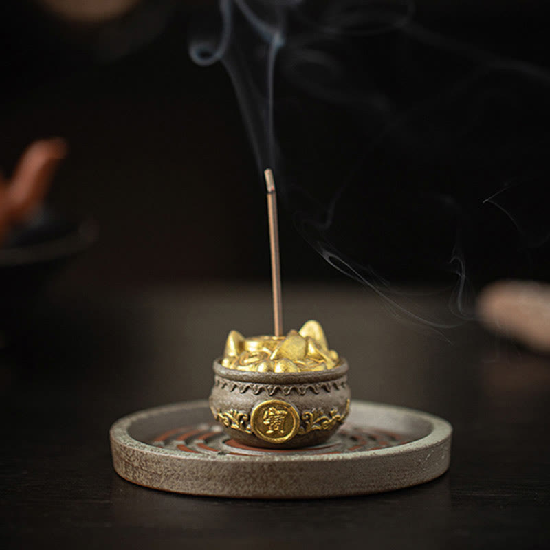 Petit bol à trésor en Buddha Stones , sac porte-bonheur, plateau Bagua, bâton en céramique de guérison, brûleur d'encens, décoration