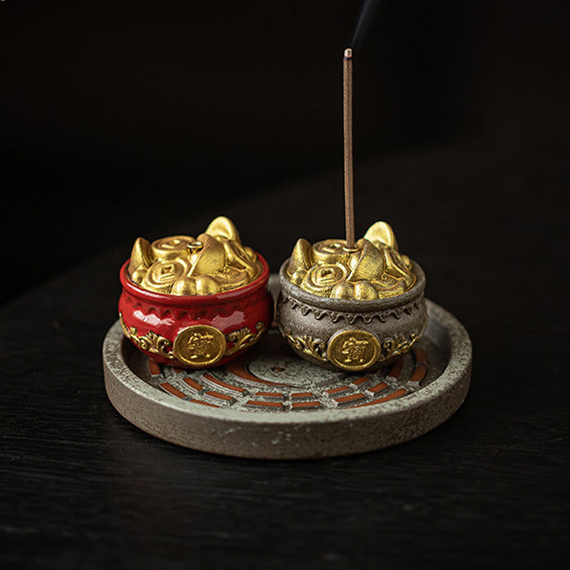 Petit bol à trésor en Buddha Stones , sac porte-bonheur, plateau Bagua, bâton en céramique de guérison, brûleur d'encens, décoration