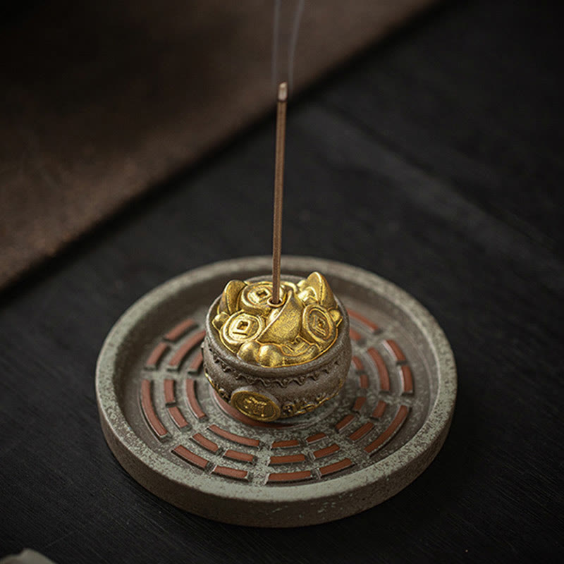 Petit bol à trésor en Buddha Stones , sac porte-bonheur, plateau Bagua, bâton en céramique de guérison, brûleur d'encens, décoration
