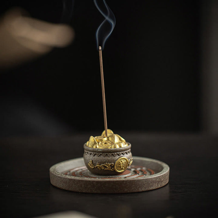 Petit bol à trésor en Buddha Stones , sac porte-bonheur, plateau Bagua, bâton en céramique de guérison, brûleur d'encens, décoration