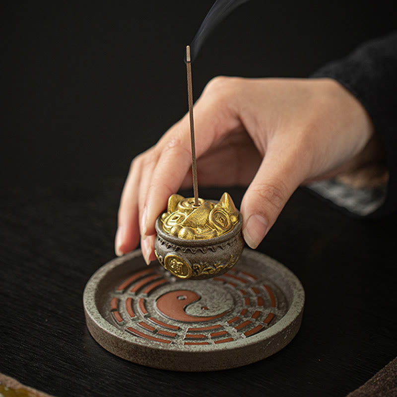 Petit bol à trésor en Buddha Stones , sac porte-bonheur, plateau Bagua, bâton en céramique de guérison, brûleur d'encens, décoration