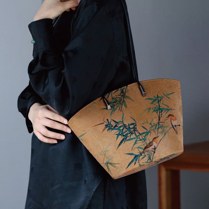 Sac à main vintage en bambou avec Buddha Stones et motif pivoine et papillon, grande capacité