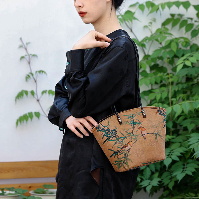 Sac à main vintage en bambou avec Buddha Stones et motif pivoine et papillon, grande capacité