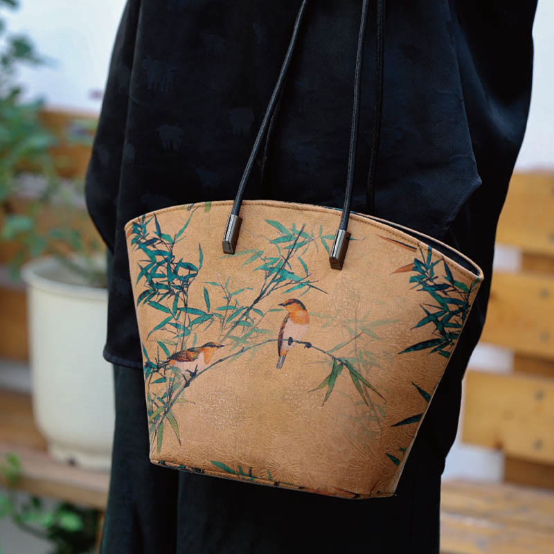 Sac à main vintage en bambou avec Buddha Stones et motif pivoine et papillon, grande capacité