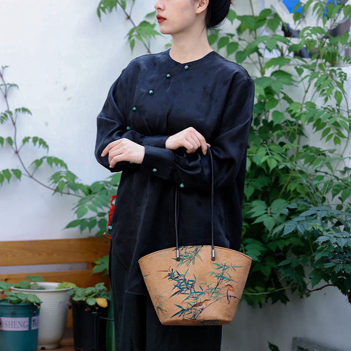 Sac à main vintage en bambou avec Buddha Stones et motif pivoine et papillon, grande capacité