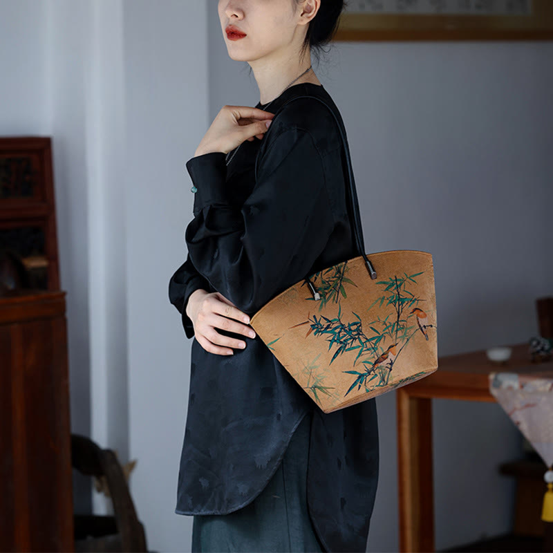 Sac à main vintage en bambou avec Buddha Stones et motif pivoine et papillon, grande capacité