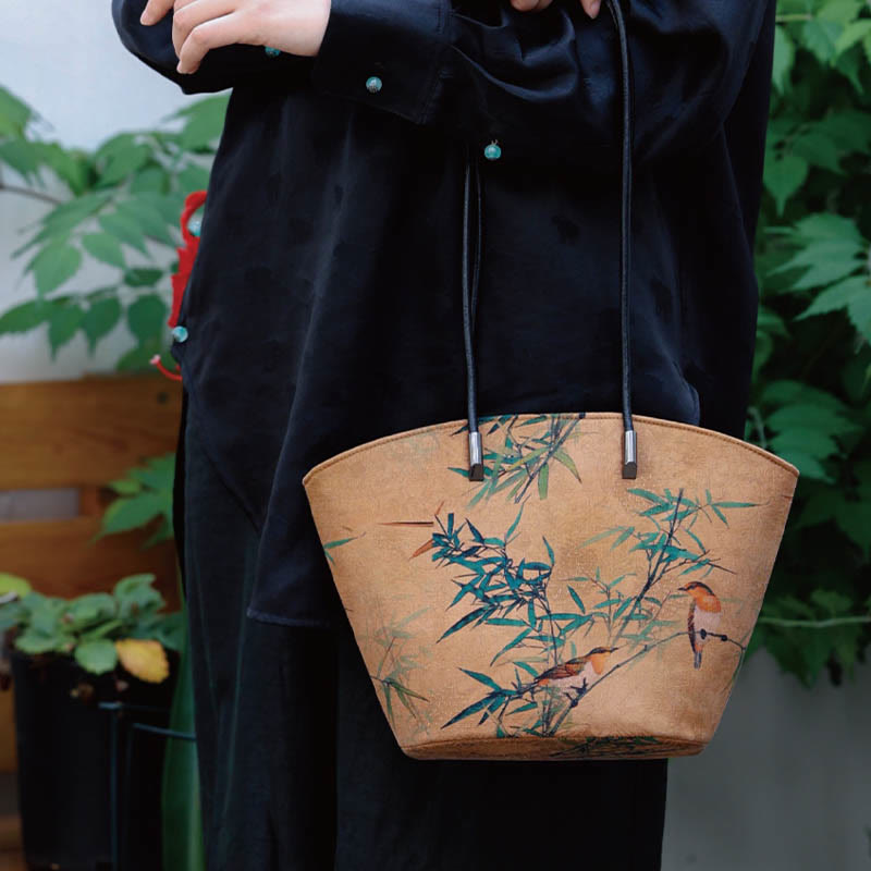 Sac à main vintage en bambou avec Buddha Stones et motif pivoine et papillon, grande capacité