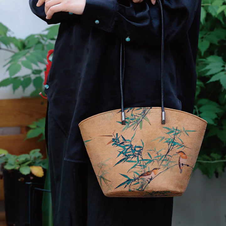 Sac à main vintage en bambou avec Buddha Stones et motif pivoine et papillon, grande capacité