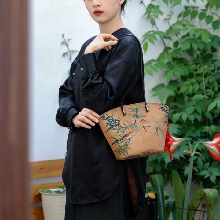 Sac à main vintage en bambou avec Buddha Stones et motif pivoine et papillon, grande capacité
