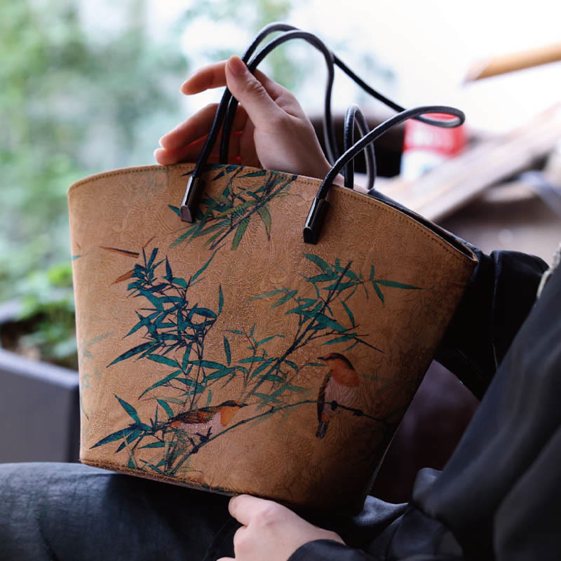 Sac à main vintage en bambou avec Buddha Stones et motif pivoine et papillon, grande capacité