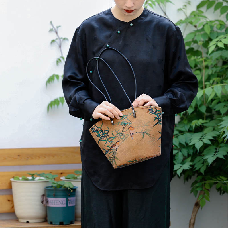 Sac à main vintage en bambou avec Buddha Stones et motif pivoine et papillon, grande capacité