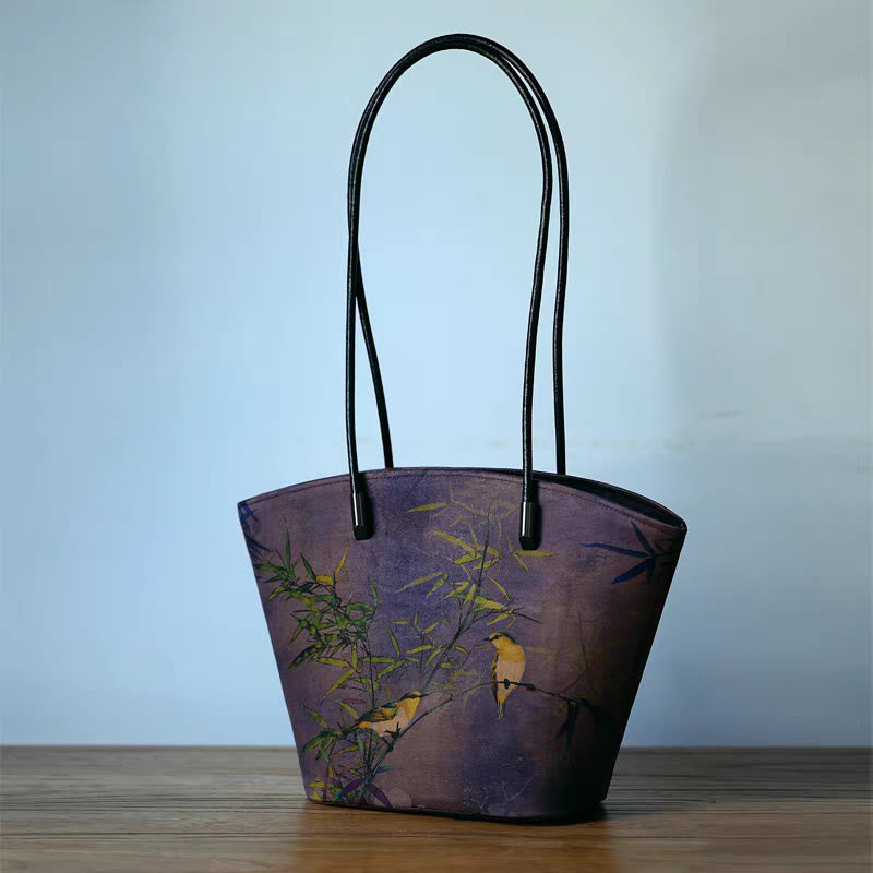 Sac à main vintage en bambou avec Buddha Stones et motif pivoine et papillon, grande capacité