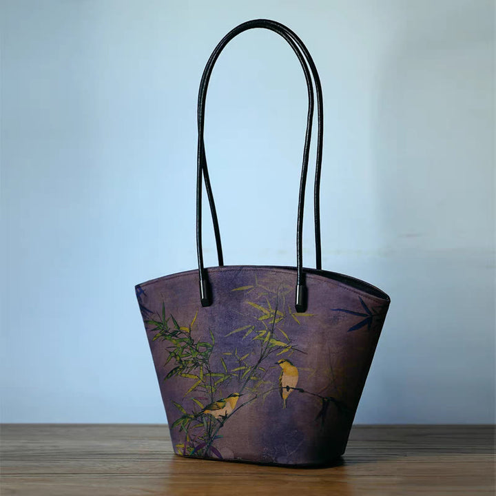 Sac à main vintage en bambou avec Buddha Stones et motif pivoine et papillon, grande capacité