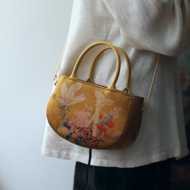 Sac à main à bandoulière avec fermeture éclair et chaîne en métal Motif pivoine et fleurs de Buddha Stones