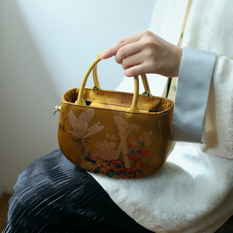 Sac à main à bandoulière avec fermeture éclair et chaîne en métal Motif pivoine et fleurs de Buddha Stones