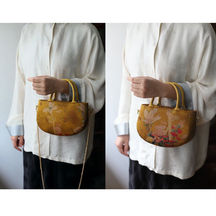 Sac à main à bandoulière avec fermeture éclair et chaîne en métal Motif pivoine et fleurs de Buddha Stones