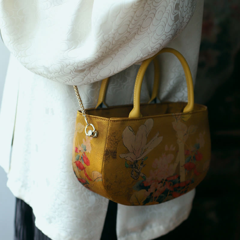 Sac à main à bandoulière avec fermeture éclair et chaîne en métal Motif pivoine et fleurs de Buddha Stones