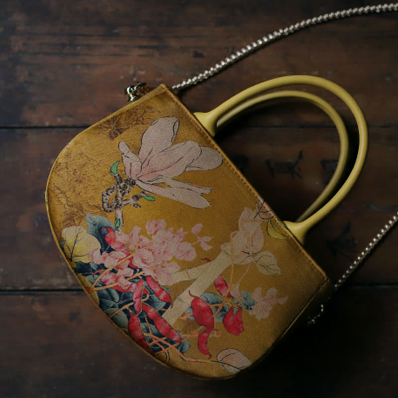 Sac à main à bandoulière avec fermeture éclair et chaîne en métal Motif pivoine et fleurs de Buddha Stones