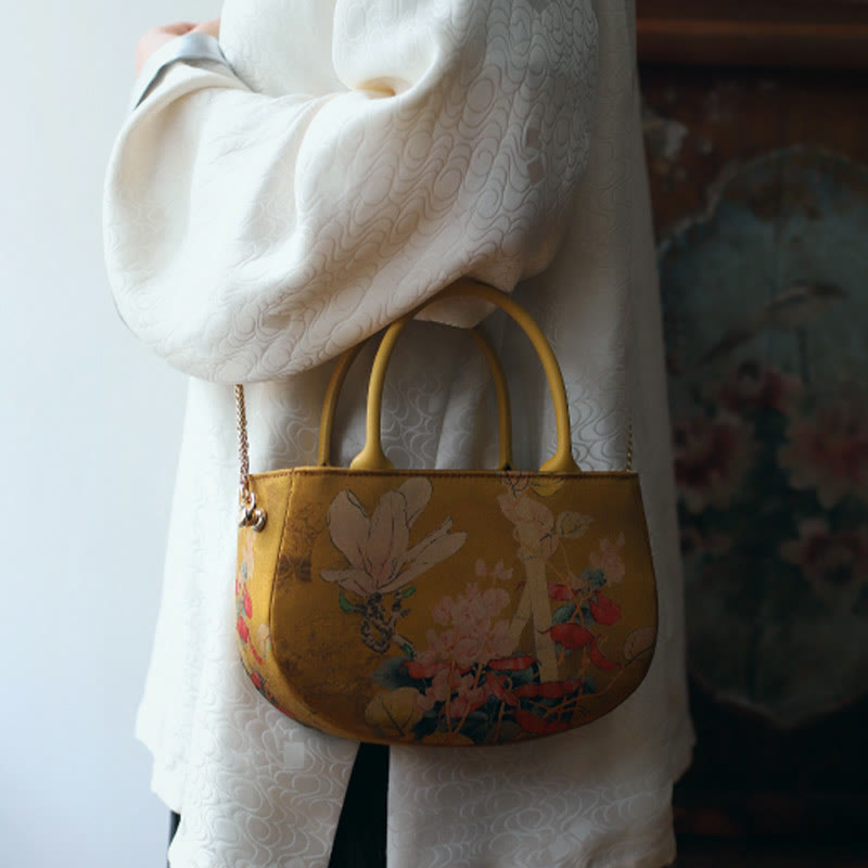Sac à main à bandoulière avec fermeture éclair et chaîne en métal Motif pivoine et fleurs de Buddha Stones