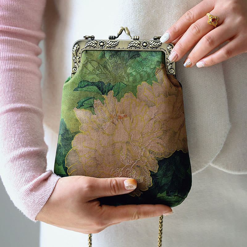 Sac à bandoulière en métal avec petit papillon pivoine vert Buddha Stones
