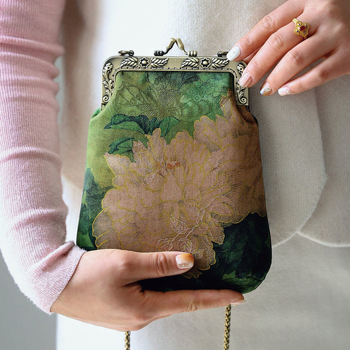 Sac à bandoulière en métal avec petit papillon pivoine vert Buddha Stones