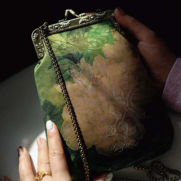 Sac à bandoulière en métal avec petit papillon pivoine vert Buddha Stones