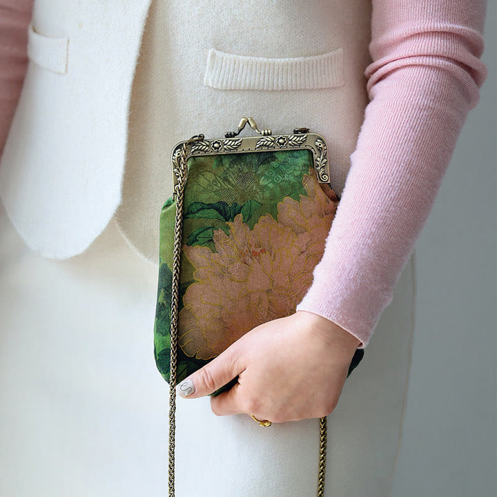 Sac à bandoulière en métal avec petit papillon pivoine vert Buddha Stones