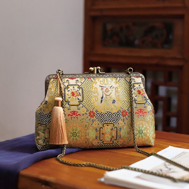Sac à bandoulière en chaîne métallique Buddha Stones et fleurs géométriques vintage