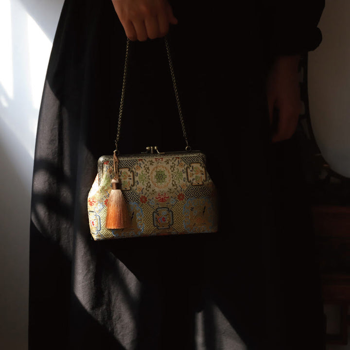 Sac à bandoulière en chaîne métallique Buddha Stones et fleurs géométriques vintage