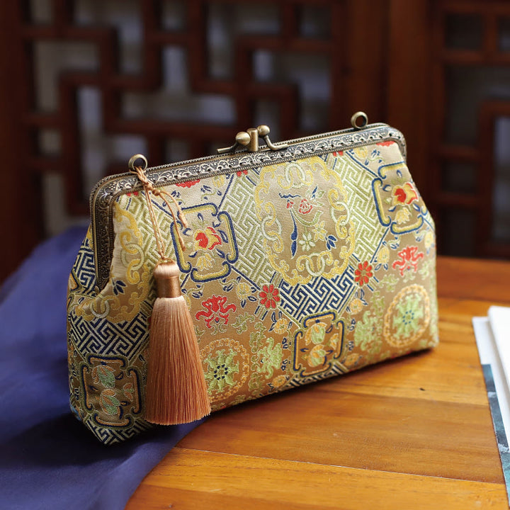 Sac à bandoulière en chaîne métallique Buddha Stones et fleurs géométriques vintage